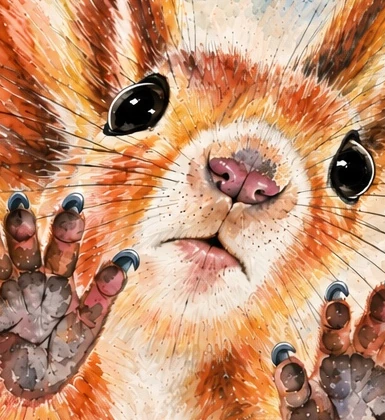 Detail des Aquarell-Eichhörnchens mit leuchtenden Farben und feinen Pinselstrichen