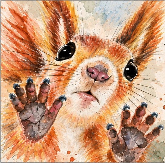 Verspieltes, orangefarbenes Aquarell-Eichhörnchen mit großen Augen und kleinen Pfoten, Motiv der Visitenkarte
